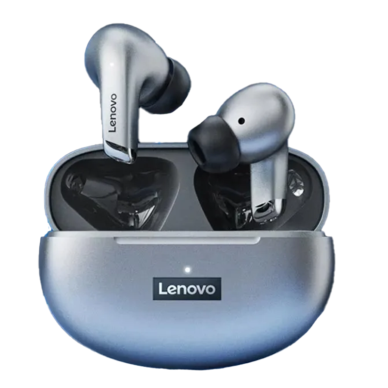 Fones Lenovo LP5 com caixa de carregamento aberta cor cinza Fones Lenovo LP5 com caixa de carregamento aberta cor cinza